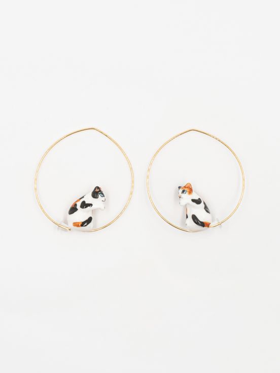 Hoop Cat Black, White & Brown sitting Earrings
