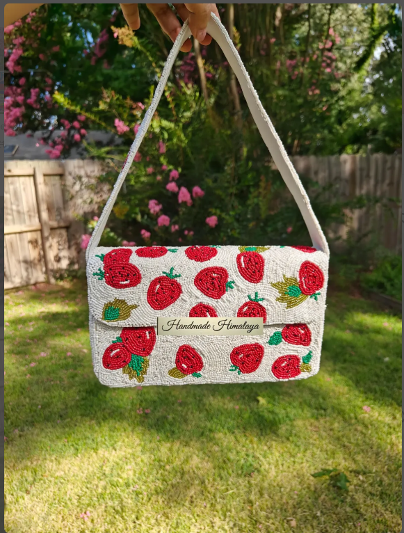 Strawberries And Leaves Beaded Shoulder Bag