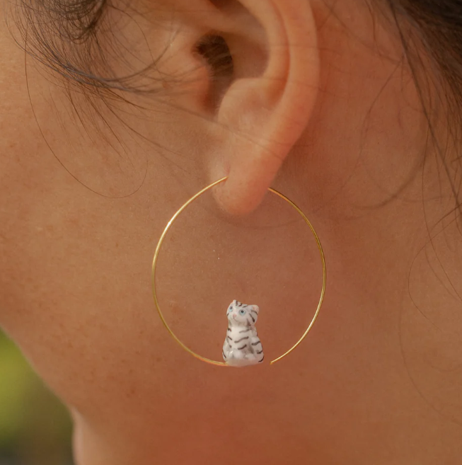 Earrings Tabby Grey Sitting Cat Hoop