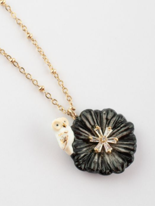 Necklace White Owl On Black Aster Flower