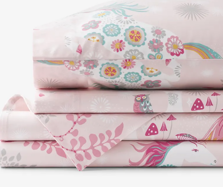Fancy Unicorns Classic Cool Organic Cotton Percale Bed Sheet Set - Pink Multi