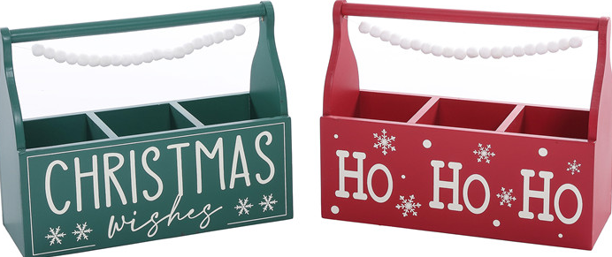 Wood Red/Green Christmas/HoHoHo Word W/Pom Box 2 Assorted