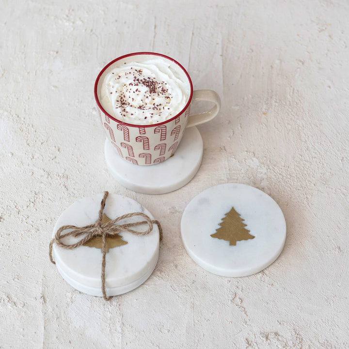 Marble Coasters With Brass Tree Inlay, White & Brass
