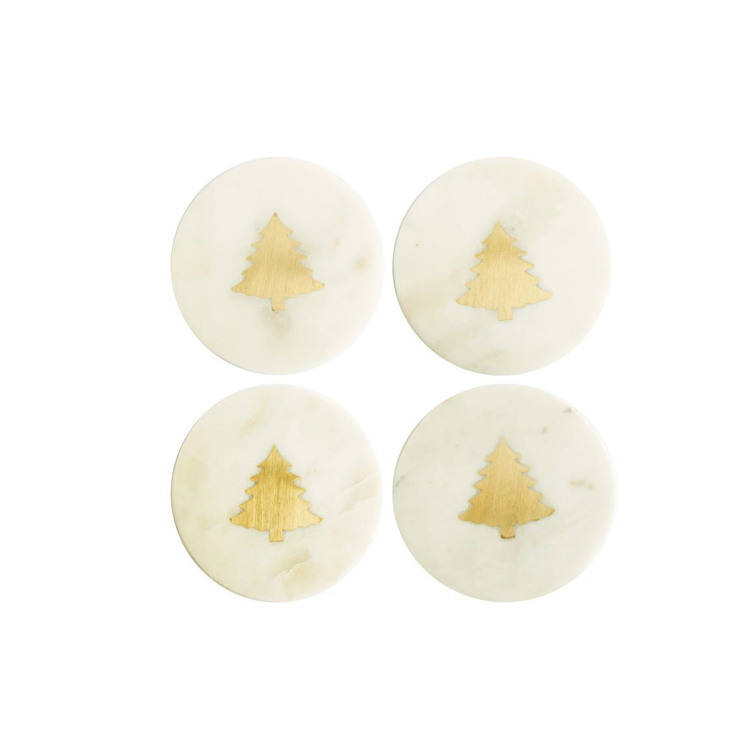 Marble Coasters With Brass Tree Inlay, White & Brass