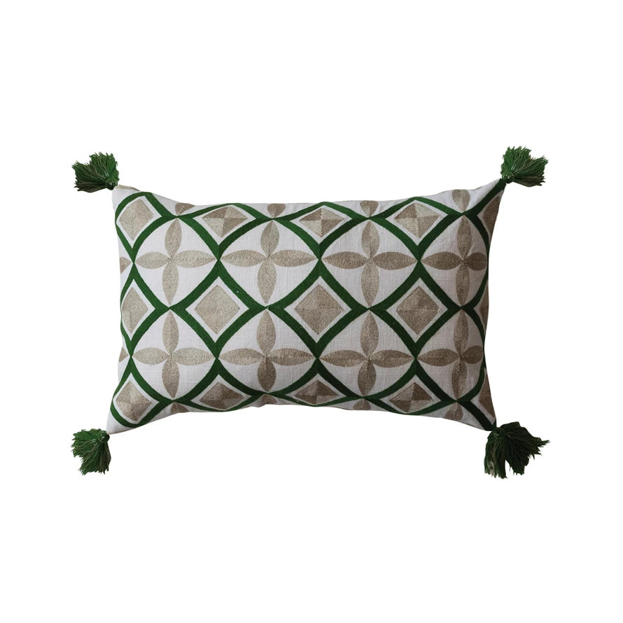 Cotton Lumbar  With Pattern Natural & Green Decorative Pillow