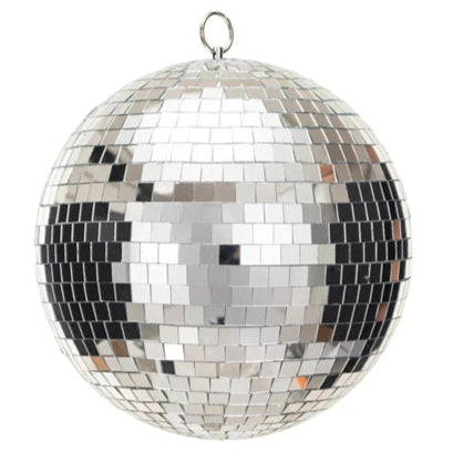 A 10 inch round hanging glass disco ball with a silver reflective surface, mounted on a plastic box, designed for wall hanging.